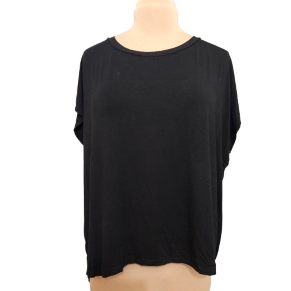 Wishlist Black Split Back Tie Hem Top Short Sleeve Rayon Blend Tee Large Minimal